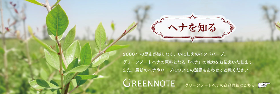 5000年の歴史が織りなす、いにしえのインドハーブ。グリーンノートヘナの原料となるヘナの魅力をお伝え致します。また、最新のヘナやハーブいての話題もあわせてご覧ください。